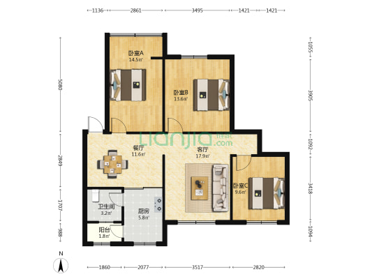 崇阳小区 3室2厅1卫 92平方