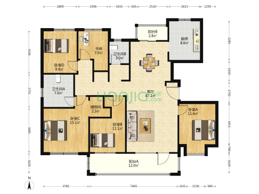 星公元名邸上著 5室1厅2卫 172平方