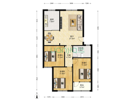 中天大厦 3室1厅1卫 102平方