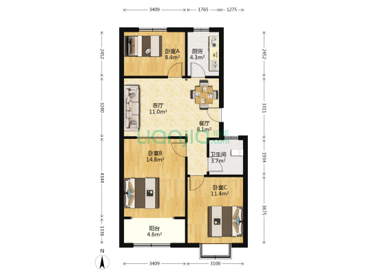 王府花园北区 3室2厅1卫 85平方