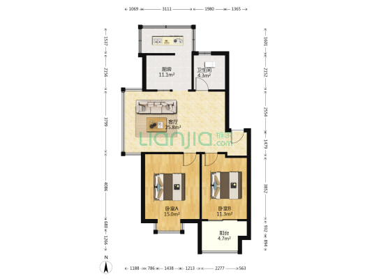 香榭园小区 2室1厅1卫 85平方