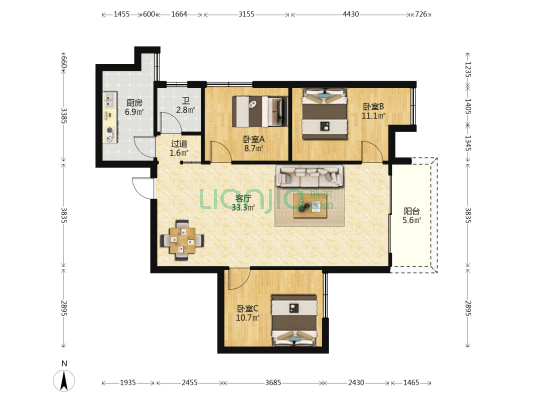 亚青城 3室1厅1卫 104平方