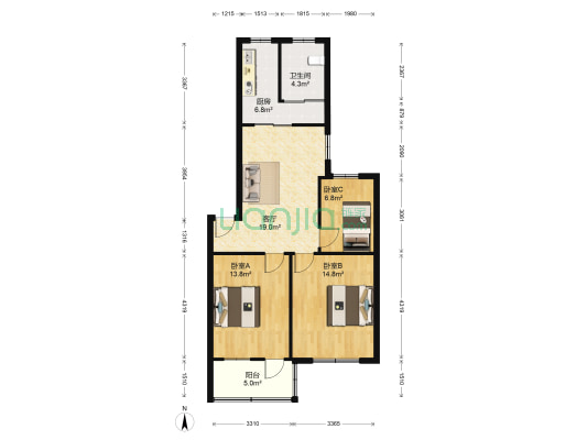 湖南电视台单位宿舍 3室1厅1卫 84平方