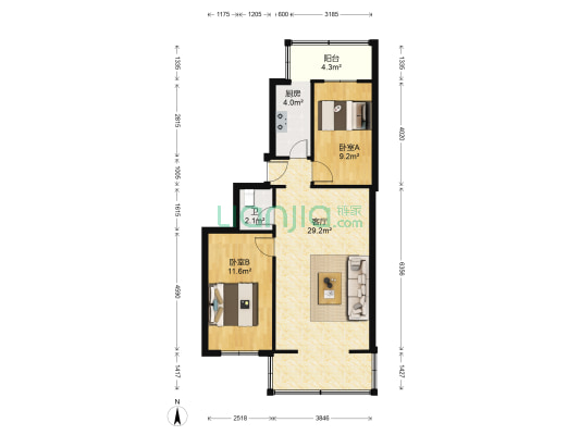 隧道局机关院 2室1厅1卫 67平方
