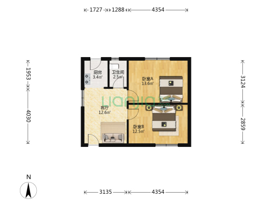 政一街1号院 2室1厅1卫 58平方