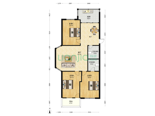 青龙花园 3室1厅2卫 124平方