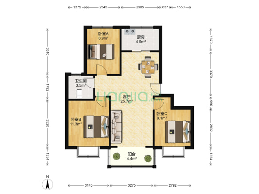 银丰唐郡玫瑰园 3室1厅1卫 100平方