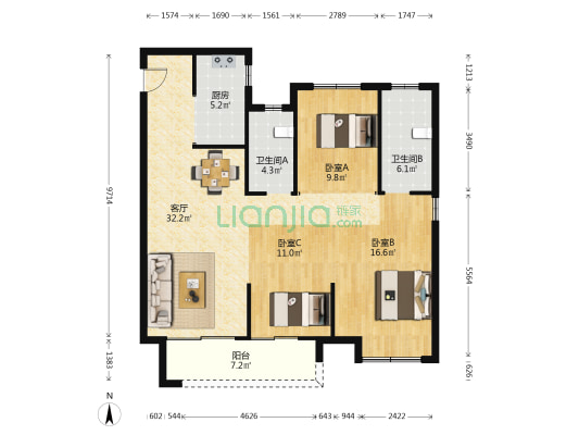 中交越秀知园(西园) 3室1厅2卫 110平方