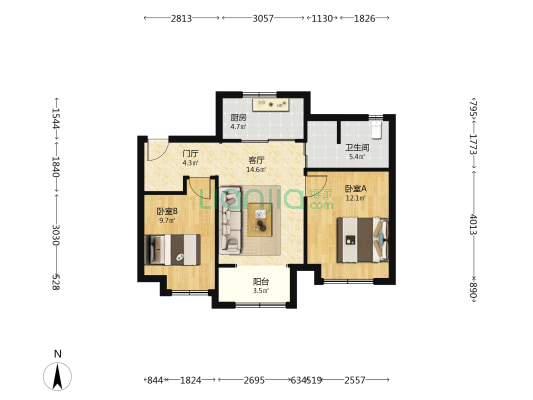 雪山万科城A8区听雪园 2室1厅1卫 87平方