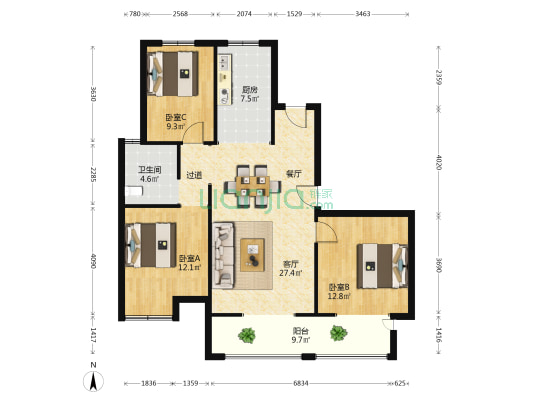 新悦广场 3室1厅1卫 131平方