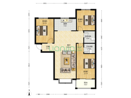 恒大龙庭 3室1厅2卫 135平方