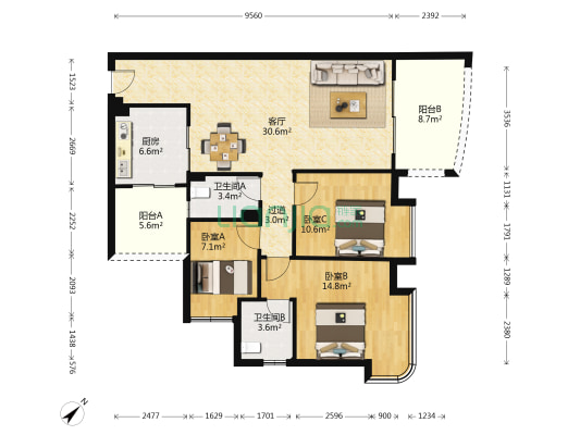 美林轩逸时光 3室1厅2卫 97平方