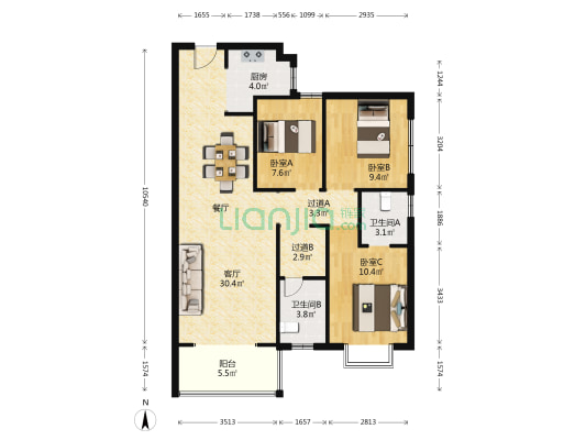 京江金翠 3室1厅2卫 105平方