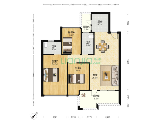 蓝森花园 3室1厅2卫 96平方