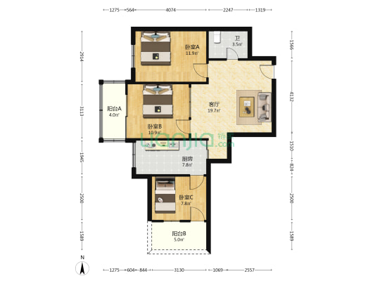 帼华大楼 3室1厅1卫 85平方