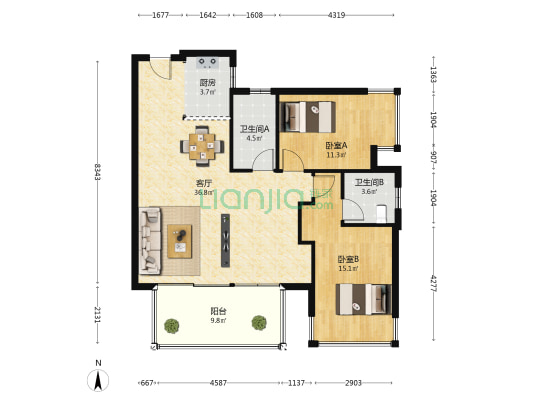 大唐新希望臻园 2室1厅2卫 97平方