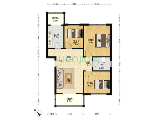 敦煌公寓 3室1厅1卫 90平方