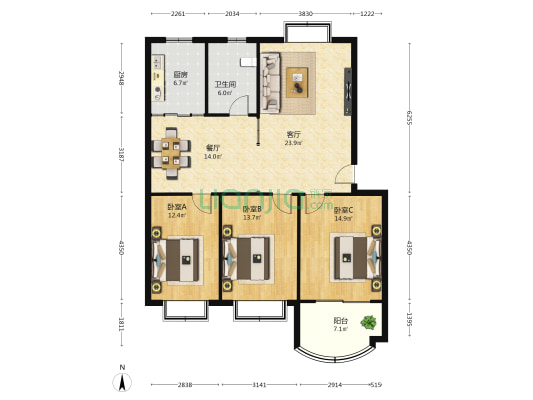 绿荫华庭 3室2厅1卫 120平方