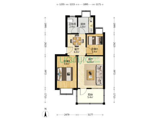 汽车六队宿舍 2室2厅1卫 58平方