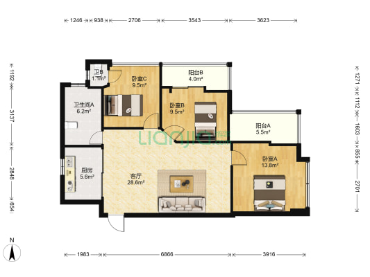 阳光乌山荣域B区 3室1厅2卫 93平方