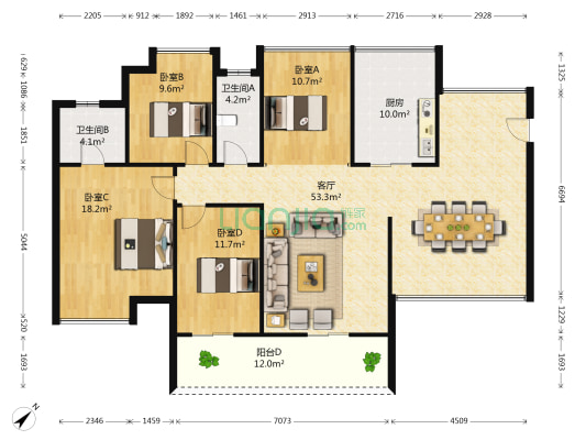 鑫月御景湾 4室1厅2卫 131平方