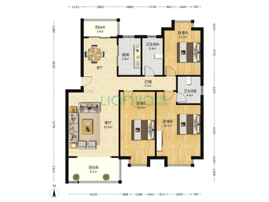 桑海春天 3室1厅2卫 128平方
