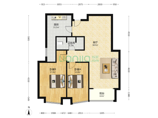 御景园全南大两居  满五唯一  居住舒适  钻石商圈-户型图