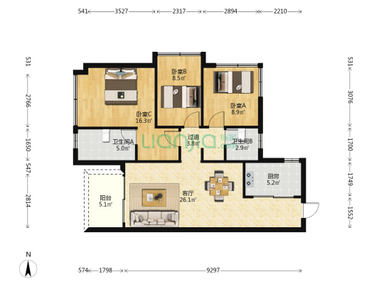 卓越东部蔚蓝海岸八期 3室1厅2卫 86平方