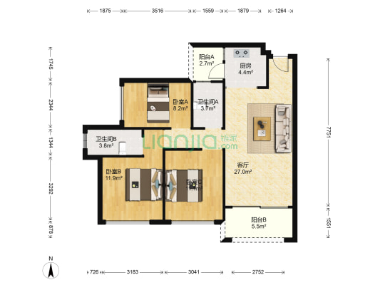 绿洲华庭二期 3室1厅2卫 86平方