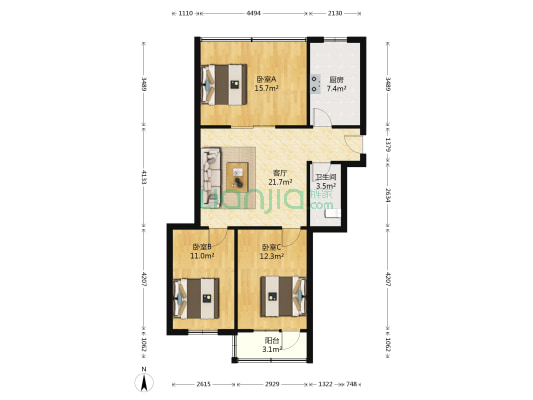 鹤翔小区 3室1厅1卫 66平方