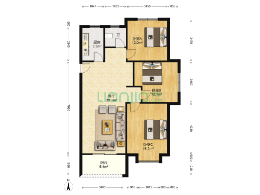 学府铭城 3室1厅1卫 112平方