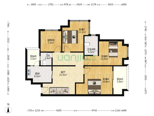 恒大天府半岛三期 3室1厅2卫 116平方