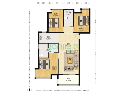 禹洲珑玥湾 3室1厅2卫 119平方