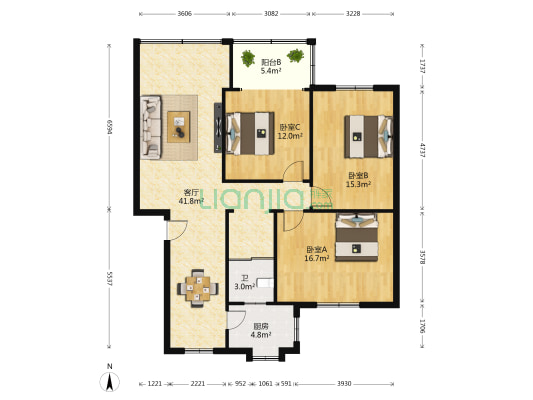 乐嘉花园小区 3室1厅1卫 117平方