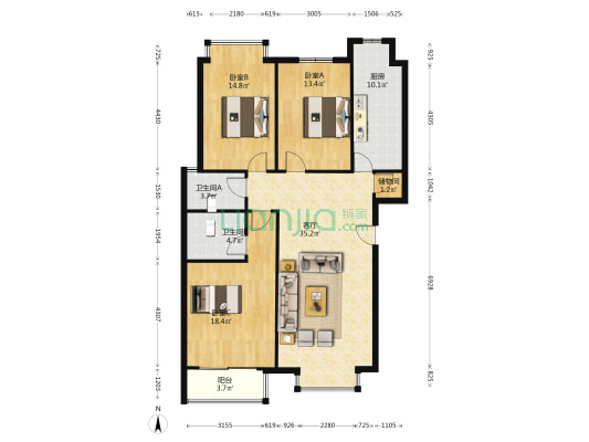 县医院难中间层，南北通透，矿山局新楼-户型图