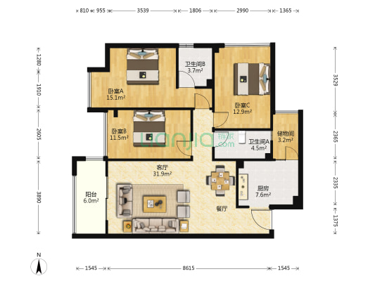现代文庭 3室1厅2卫 108平方