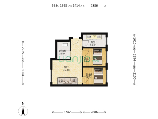 西瓜村小区 2室1厅1卫 50平方