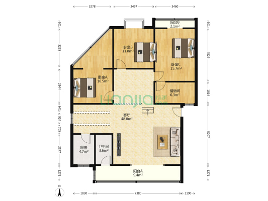 和谐家园 3室1厅1卫 135平方