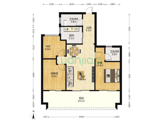 金地海南自在城蝶兰苑 2室1厅2卫 104平方
