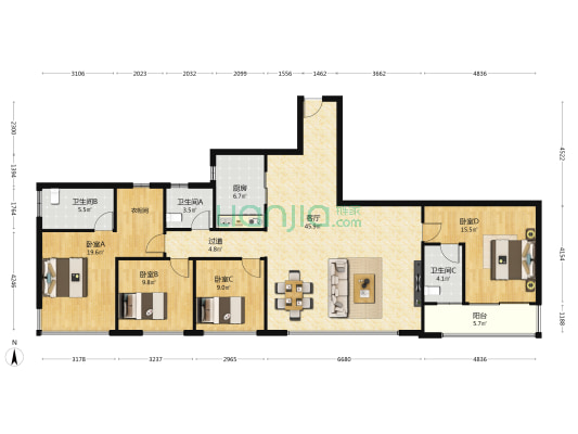 建发缦云 4室1厅3卫 185平方