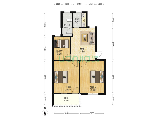 祖洲里2号 3室1厅1卫 74平方