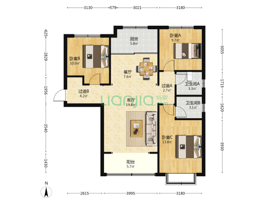 大树康城 3室2厅2卫 125平方