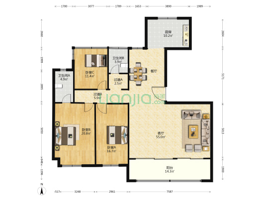 置地龙湖星澜湾E区 3室1厅2卫 183平方