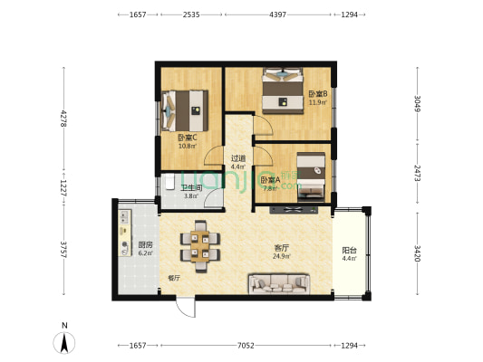 和平广场 3室1厅1卫 88平方