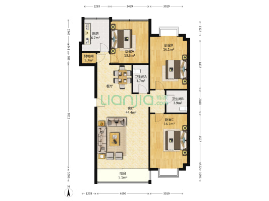 天源嘉座 3室1厅2卫 156平方
