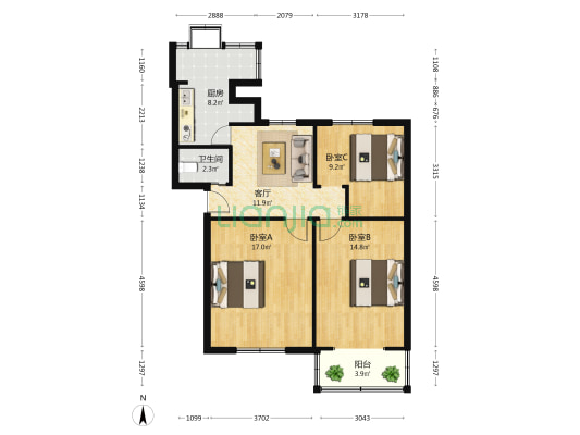 湖北省轻工职业学校宿舍 3室1厅1卫 81平方
