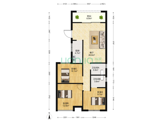 世界城香榭丽舍 3室1厅2卫 113平方