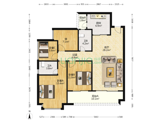 滨江首府一期 3室1厅2卫 126平方