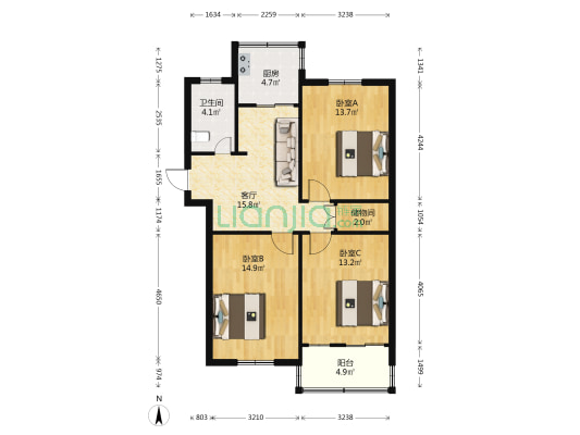 福建日报社东街80号宿舍区 3室1厅1卫 86平方
