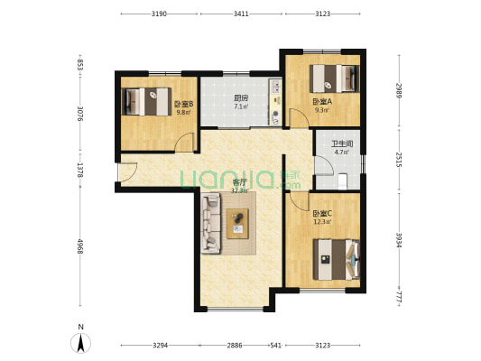 鸿坤新干线  南北通透三居室  全明格局  精装修-户型图